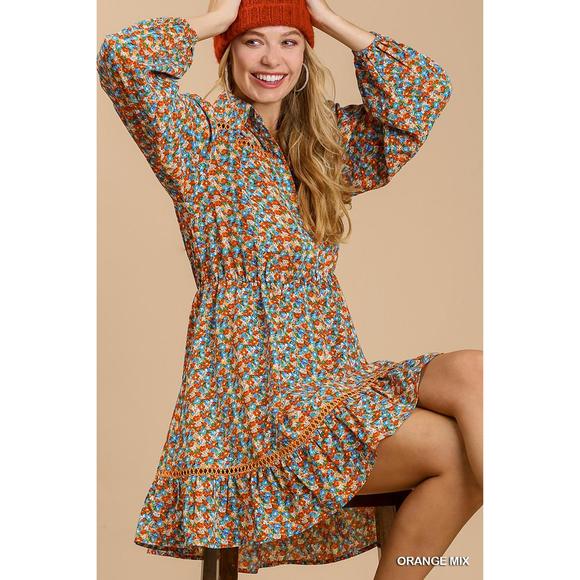 Rachell`s Boutique Dresses & Skirts - Collared neckline button down floral print dress with crochet trimmed details